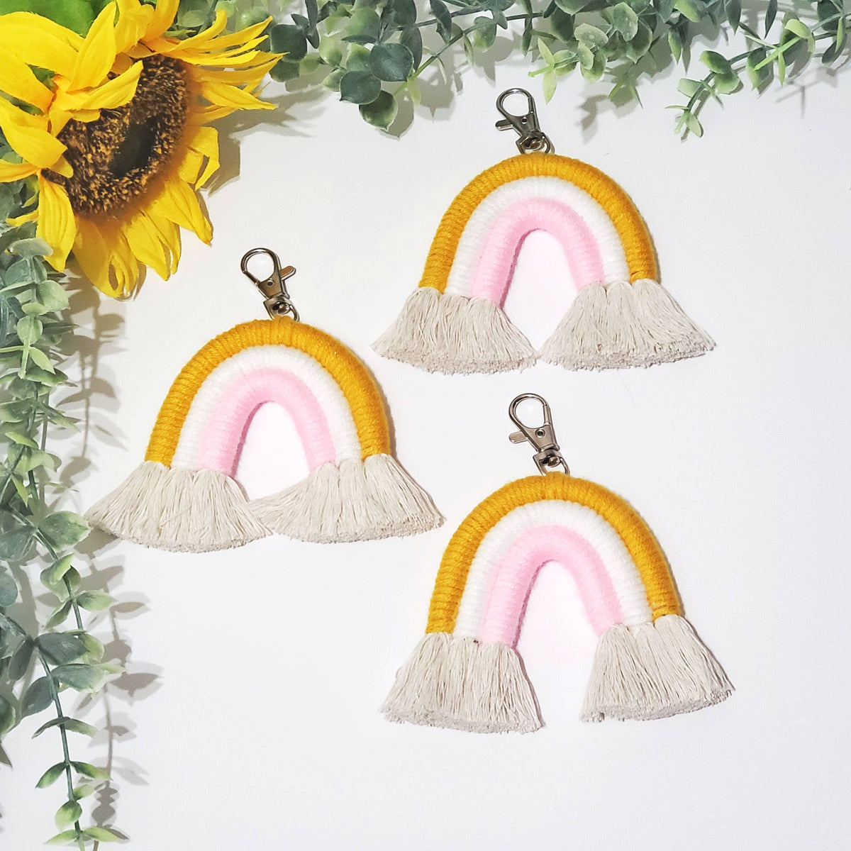 Cord + Quartz - Macrame Rainbow keychains: Yellow and pink